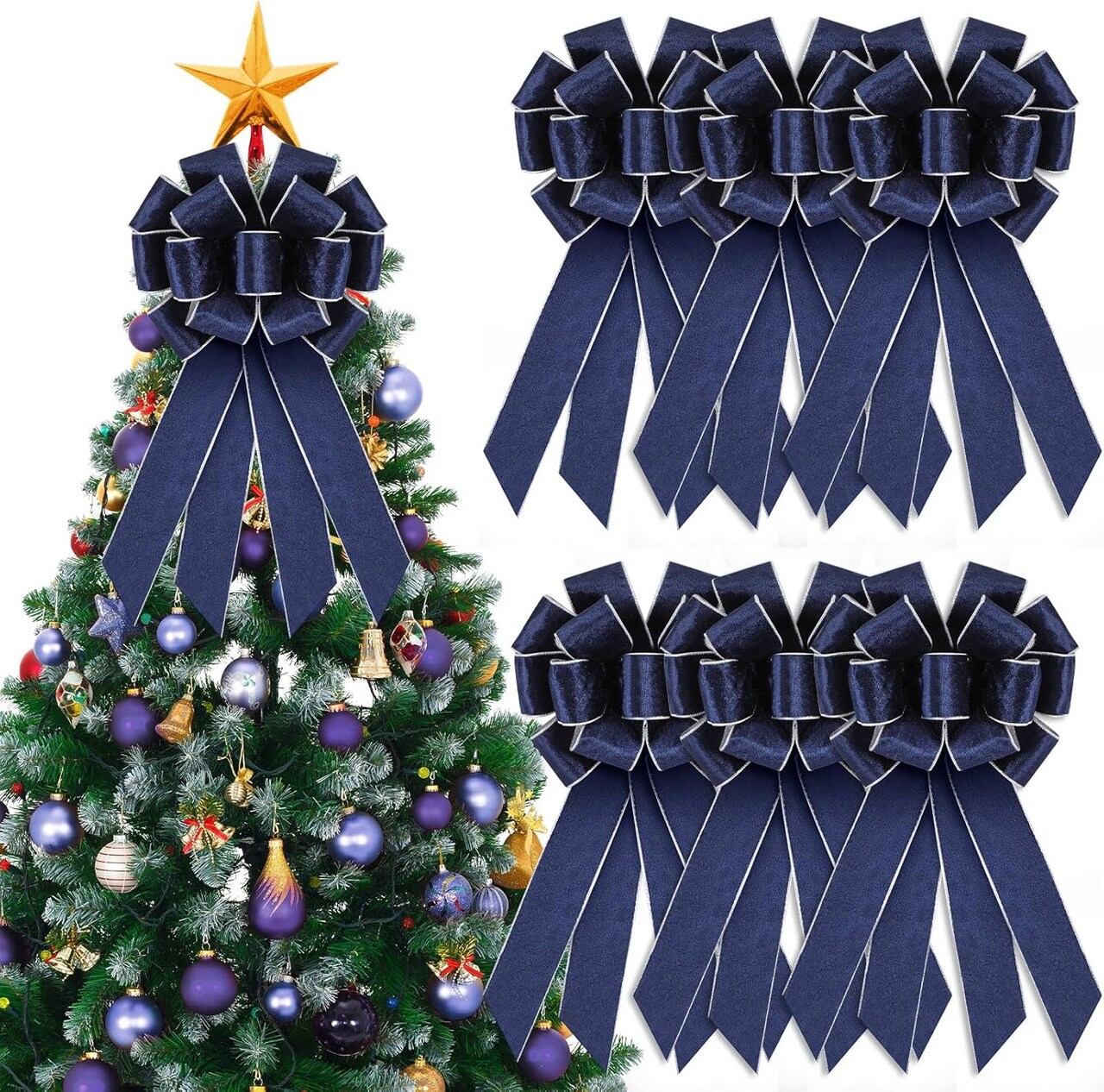 6 Pack Christmas Wreath Bows 11.4" x19.6" Big Velvet Bows for Front Door Holiday Bow Knots Tree Topper Bows for Winter Xmas Party Porch Mailbox Indoor Outdoor Decor (Navy Blue)